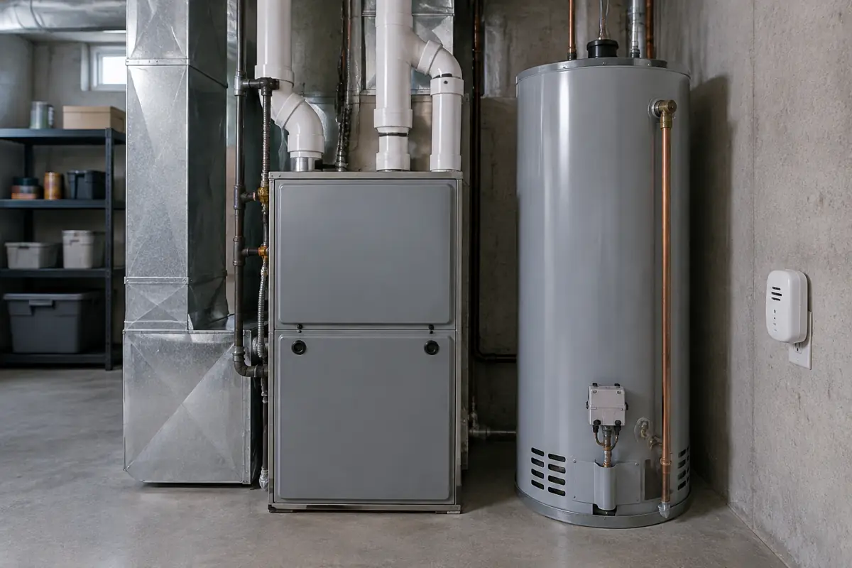 Gas furnace and water heater in a basement with a plug-in carbon monoxide alarm on the wall