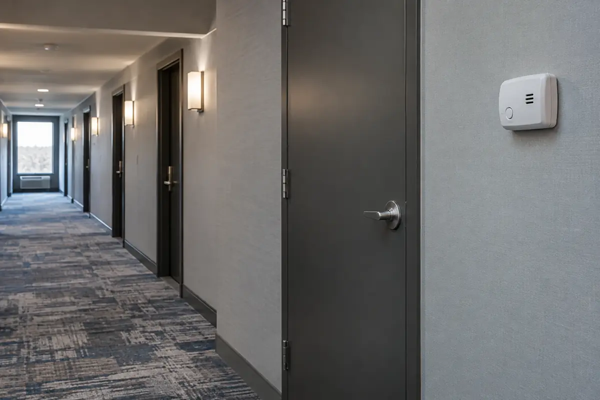 Hotel corridor with a wall-mounted carbon monoxide detector near a mechanical room door