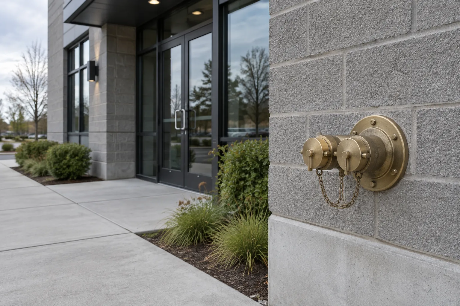 Commercial building entrance with a fire department connection