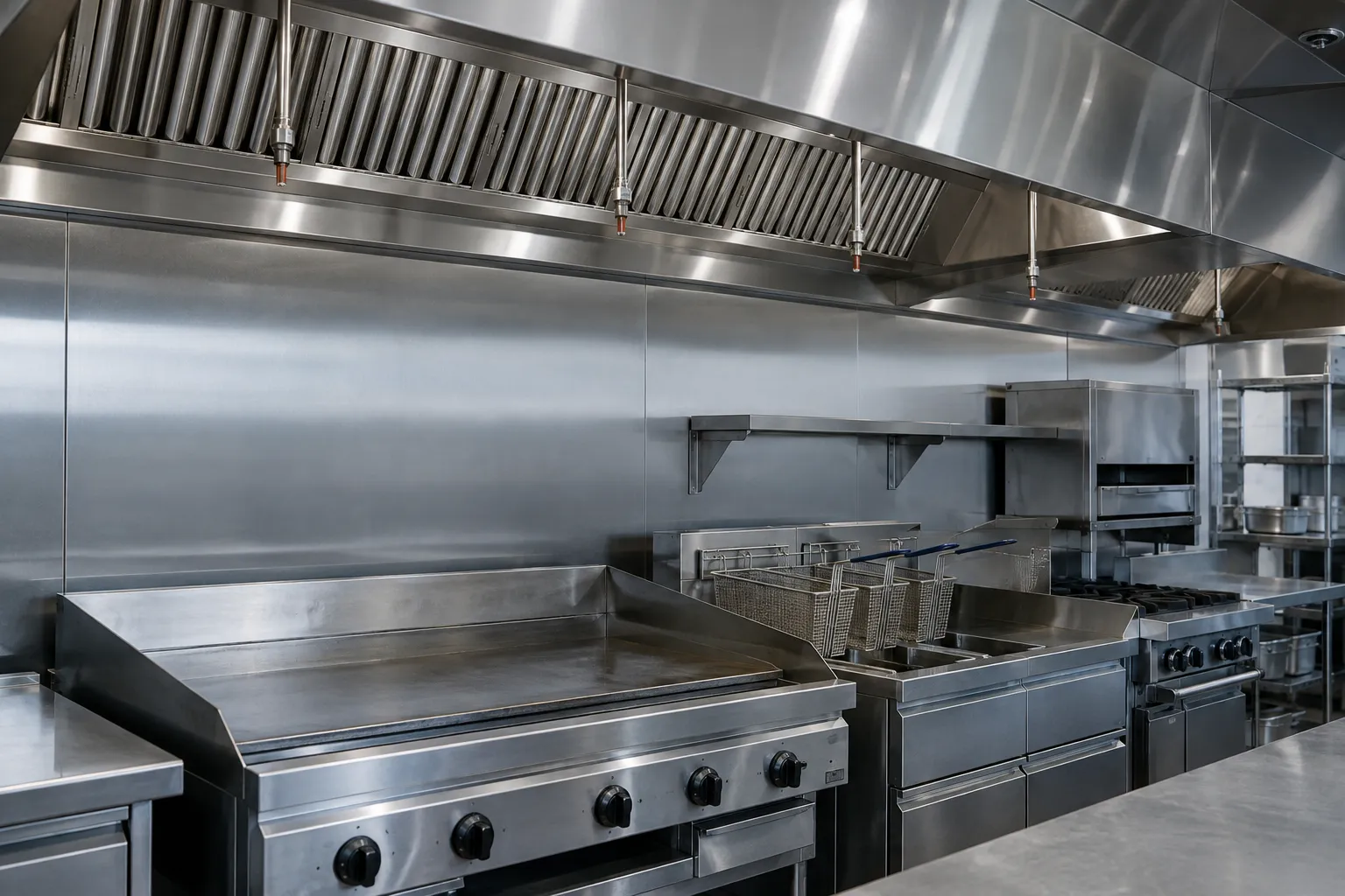 Commercial kitchen line under a hood with suppression nozzles