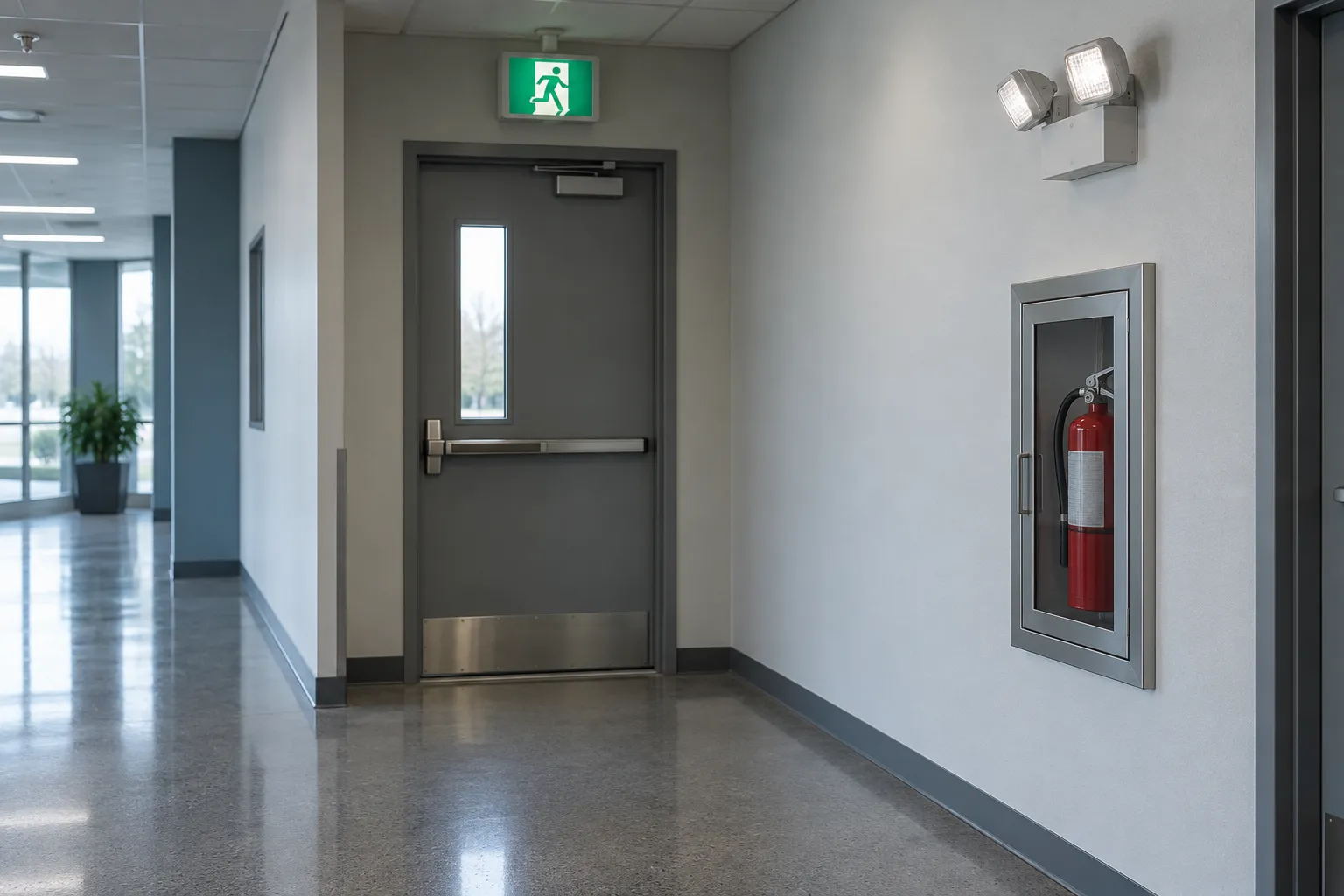 Corridor with exit sign, emergency light and extinguisher cabinet