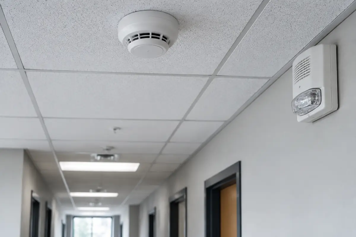 Smoke detector and horn strobe on an office corridor ceiling