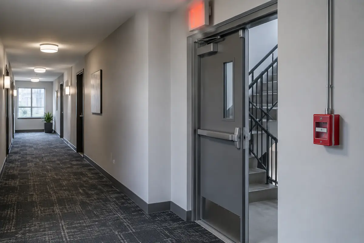 Fire alarm pull station and exit sign in an apartment hallway