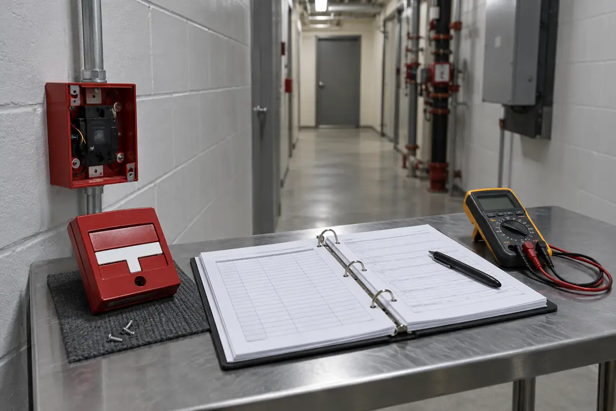 Inspection binder and fire alarm pull station on a service table