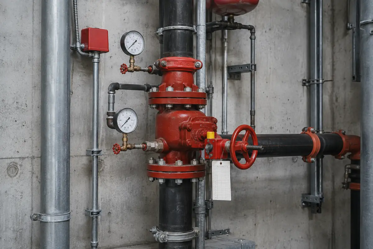 Fire sprinkler riser with gauges and inspection tag in a mechanical room