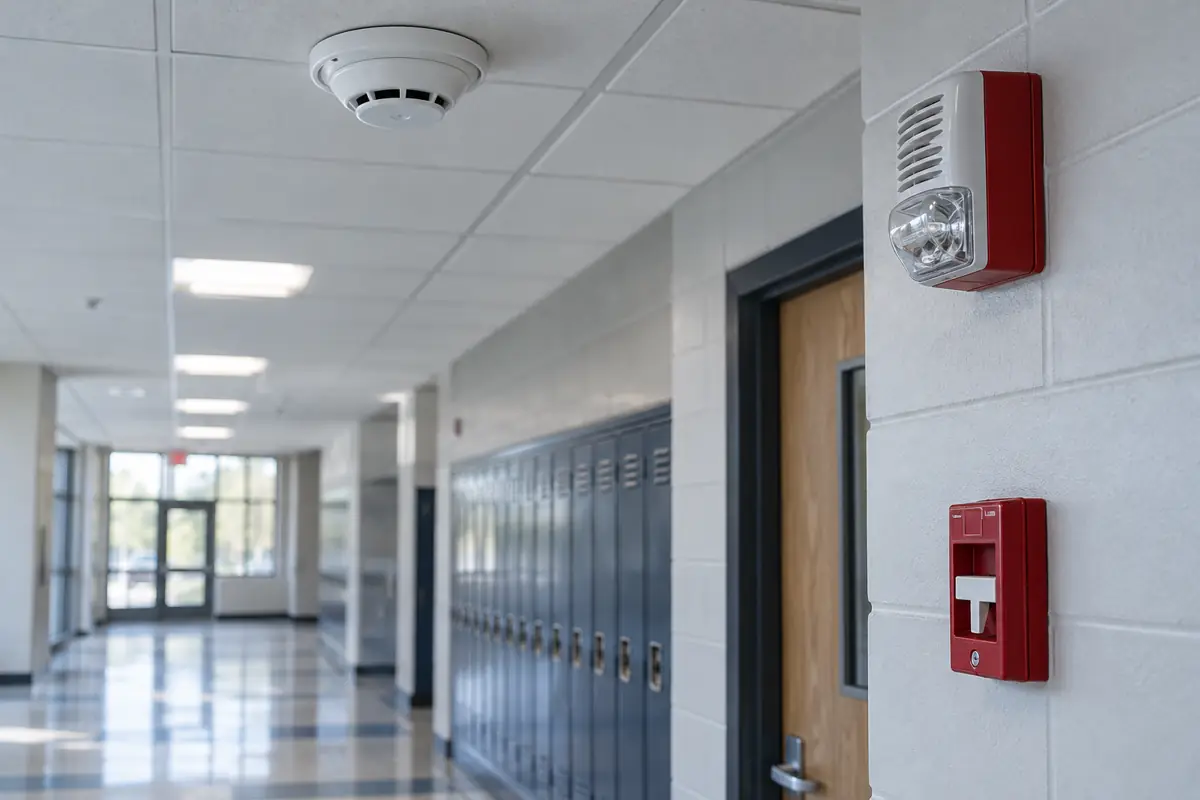 Smoke detector, horn strobe and manual pull station in a school corridor