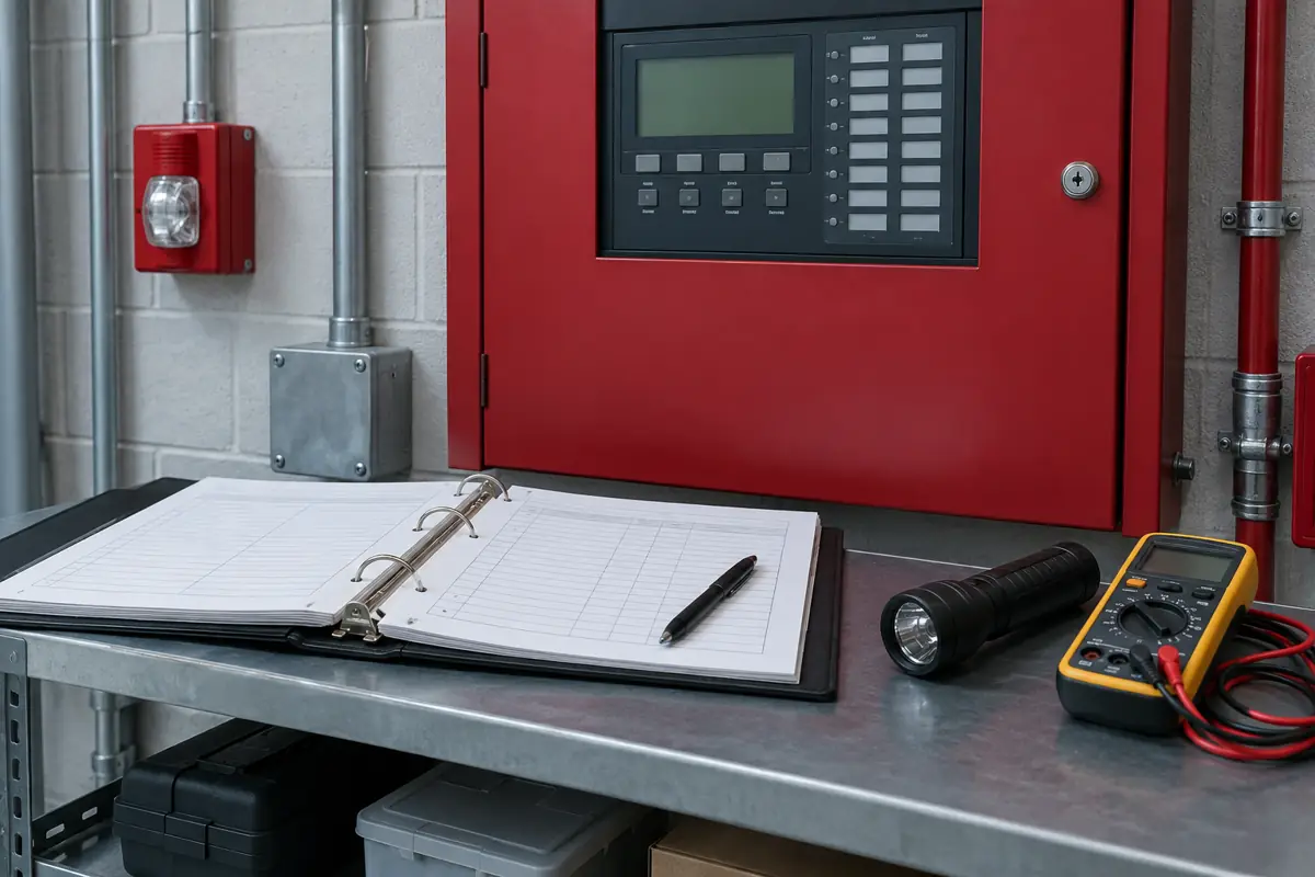 Fire alarm inspection binder, flashlight and multimeter next to a panel