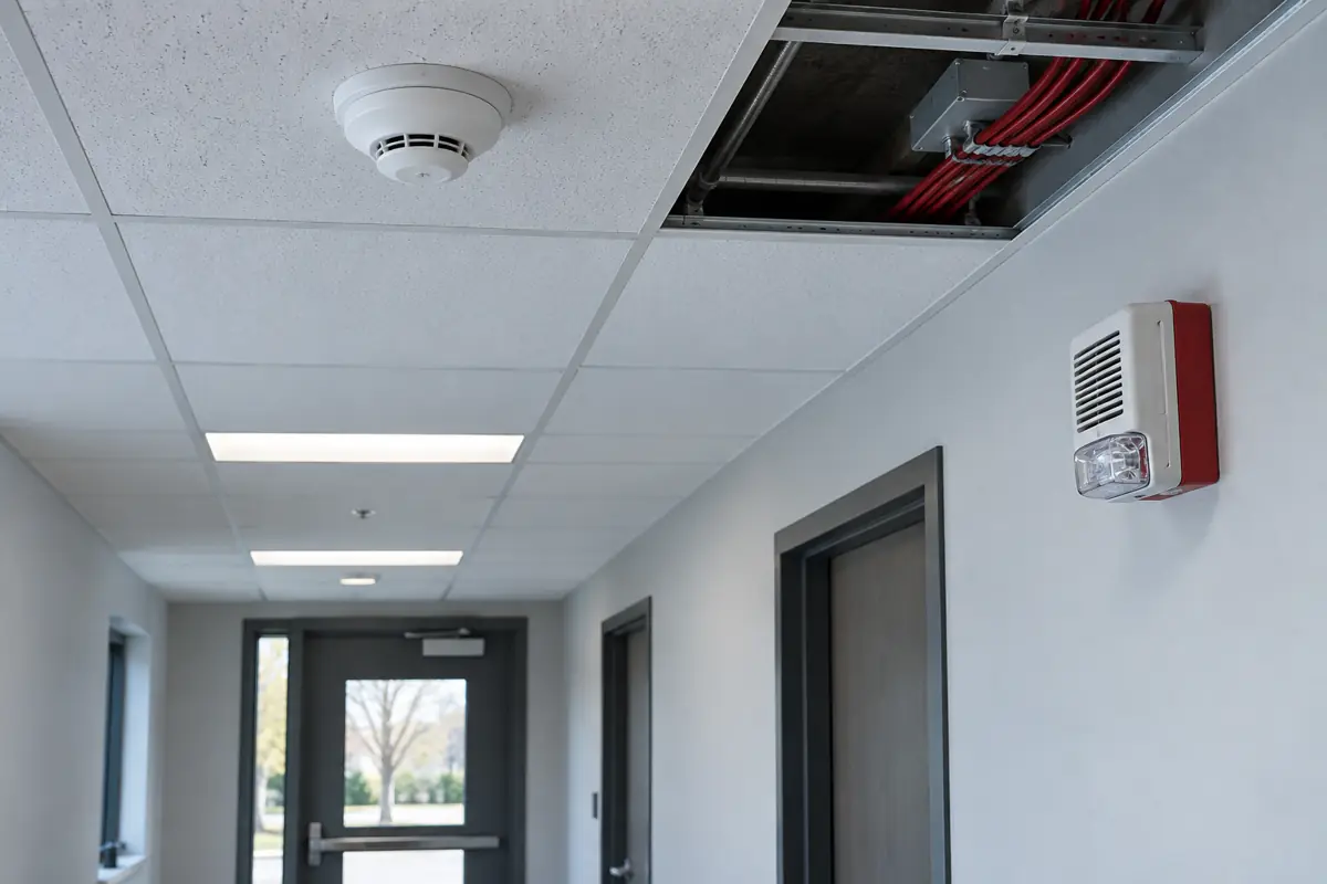 Smoke detector, horn strobe and an open ceiling tile showing fire alarm cabling in a corridor.