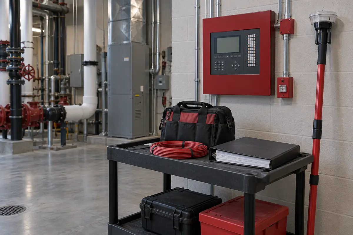 Work cart with cable, a detector test pole and an inspection binder beside a fire alarm annunciator.