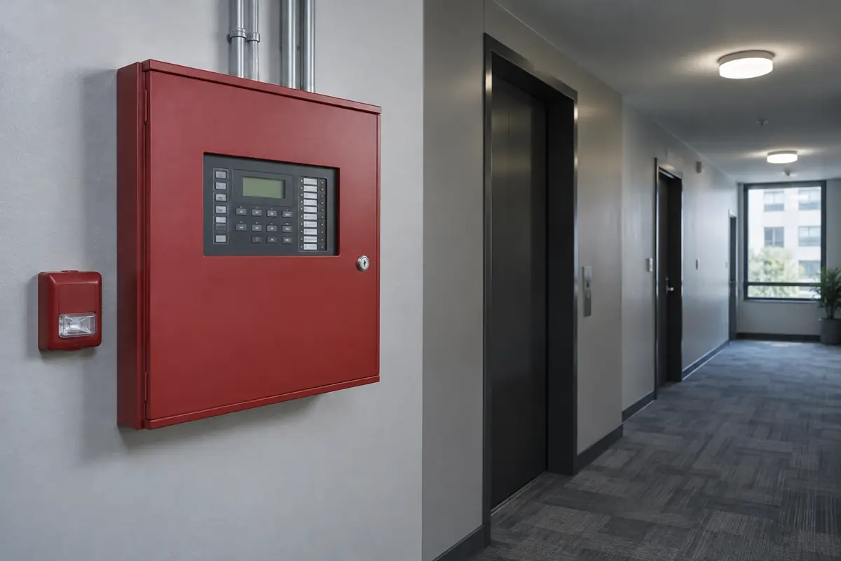 Fire alarm control panel in an apartment building corridor