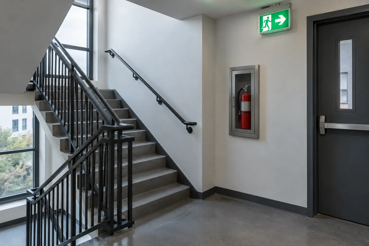 Stairwell landing with a fire extinguisher cabinet and exit sign