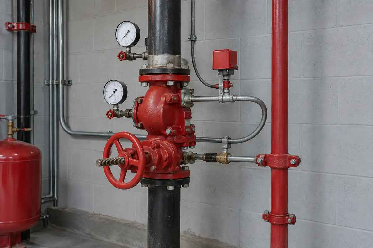 Fire sprinkler riser with control valve and gauges in a utility room