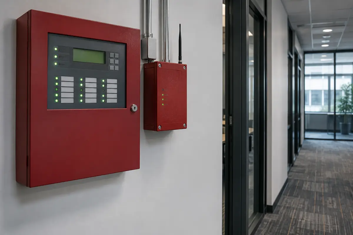Fire alarm control panel and alarm communicator on an office corridor wall