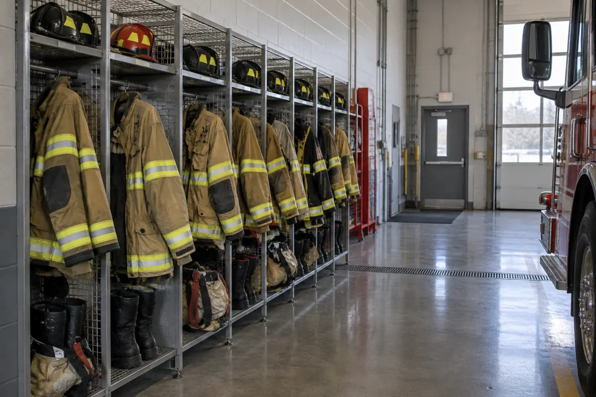 Turnout gear on lockers in a fire station apparatus bay