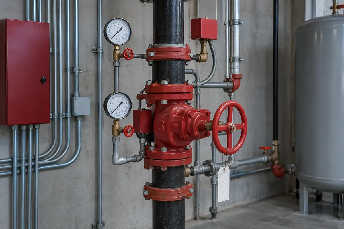 Fire sprinkler riser with gauges and an inspection tag in a utility room