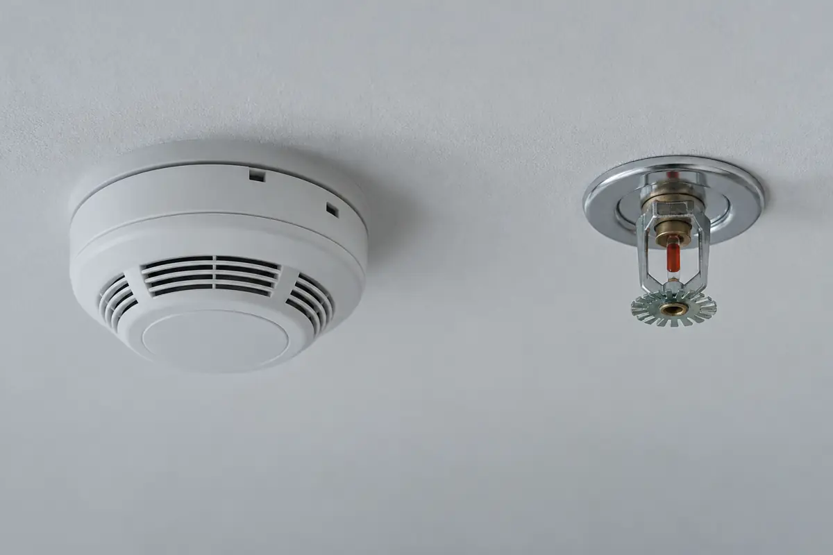 Ceiling-mounted smoke alarm next to a fire sprinkler head