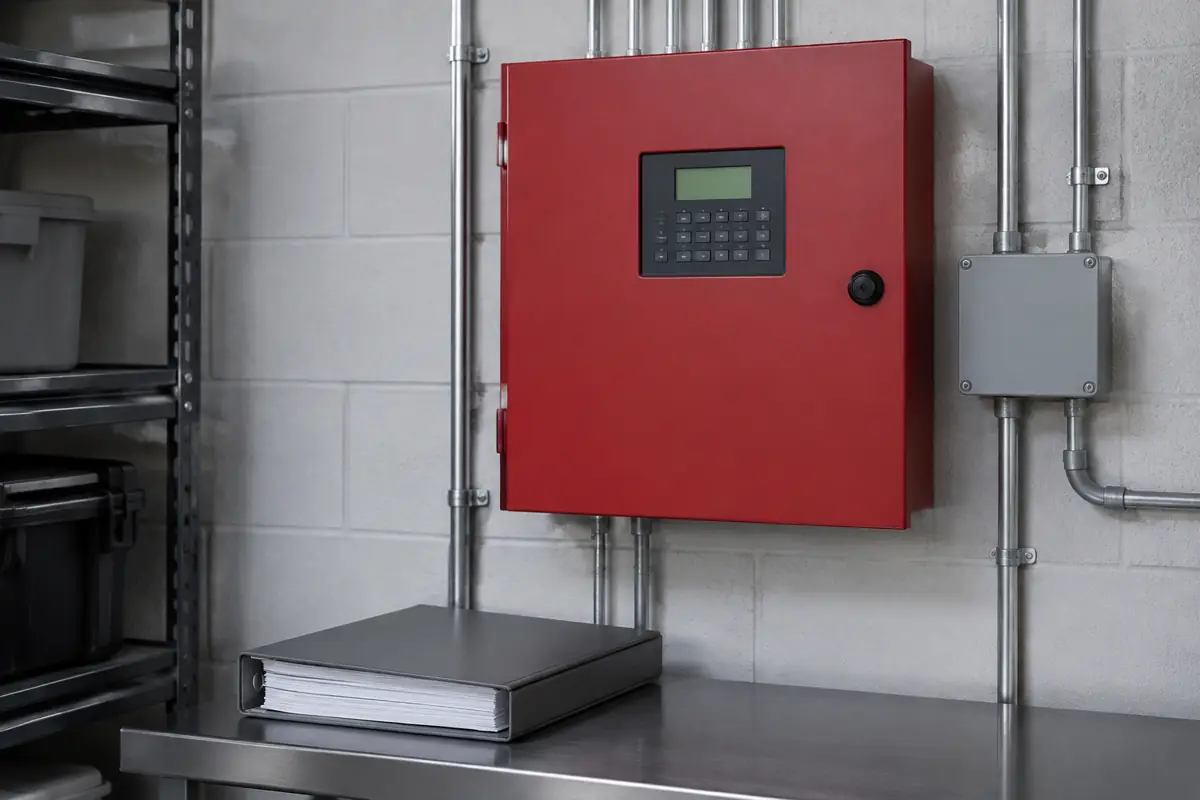 Fire alarm control panel and inspection binder in a utility room