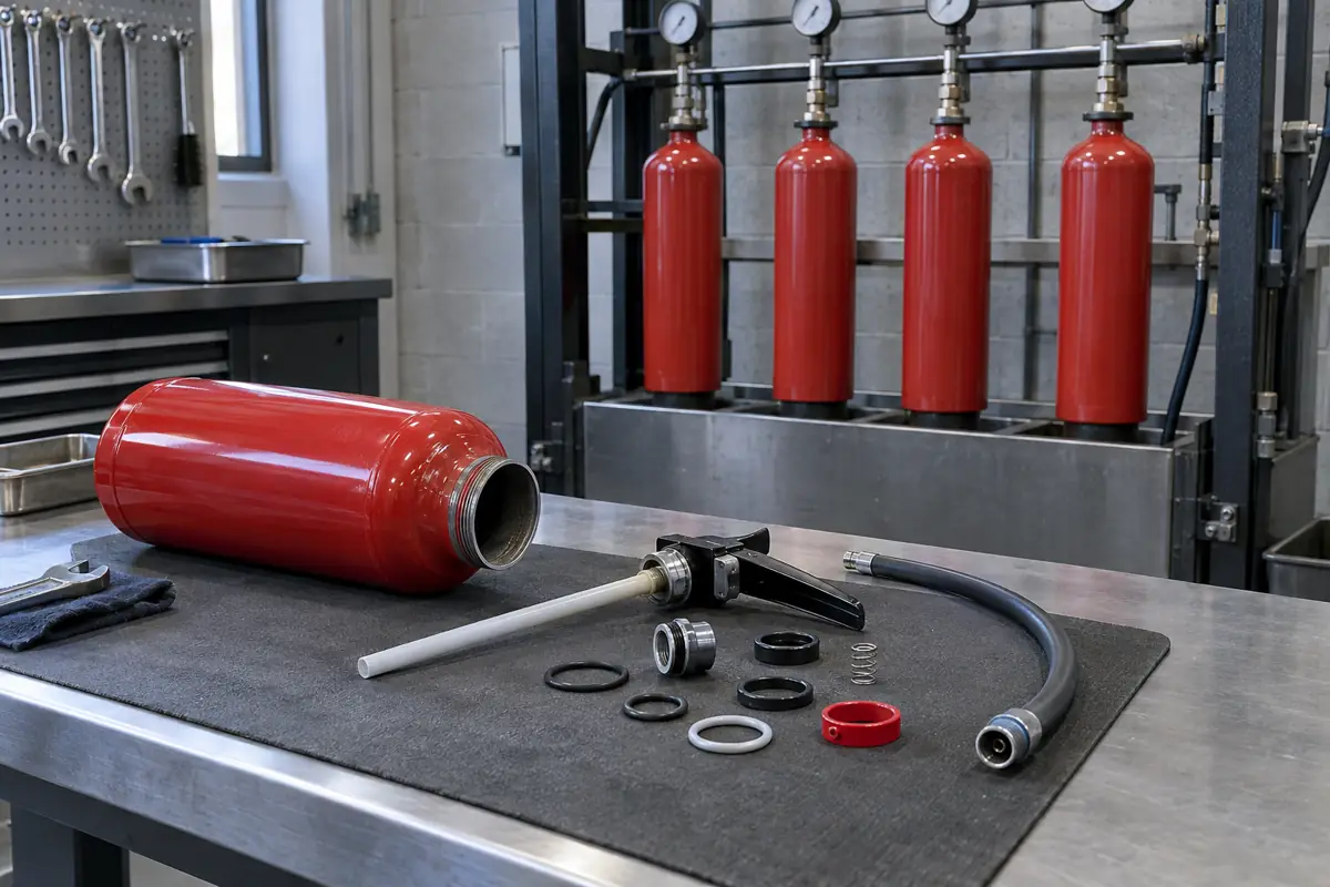 Disassembled dry chemical extinguisher on a workbench beside cylinders on a hydrostatic test rack