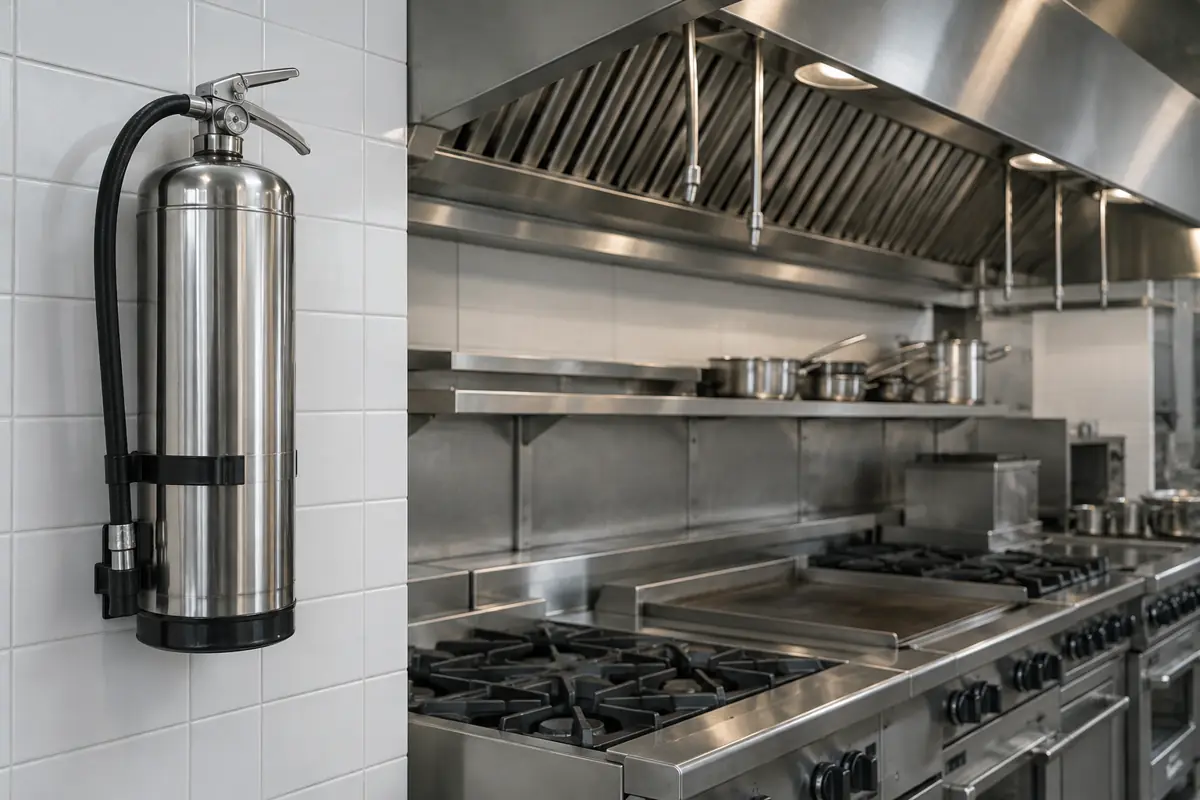Class K wet chemical extinguisher mounted beside a commercial kitchen hood