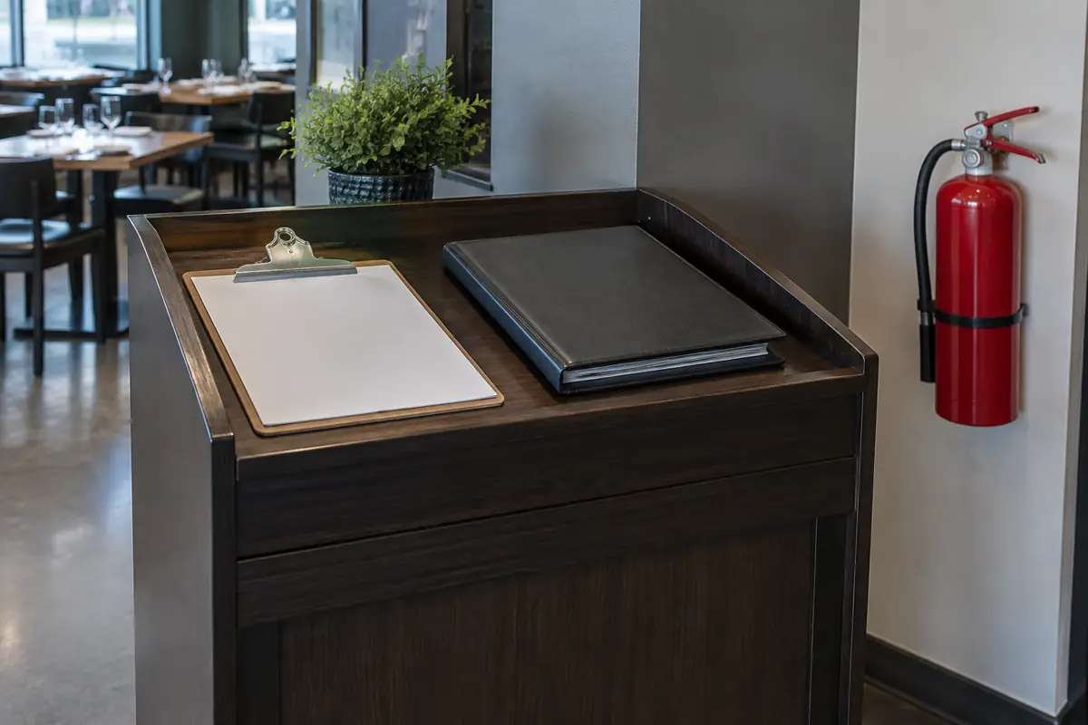 Inspection binder and clipboard beside a fire extinguisher in a restaurant