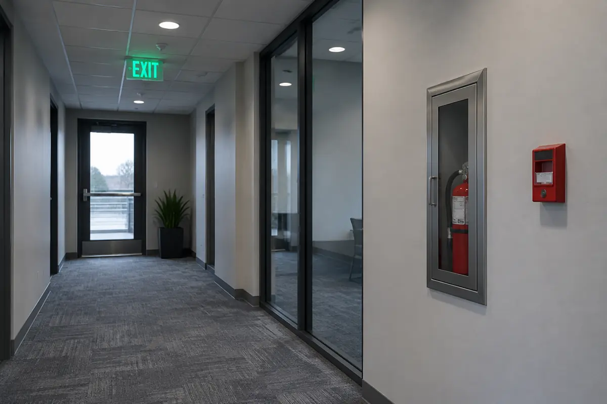 Office corridor with exit sign, extinguisher cabinet and pull station