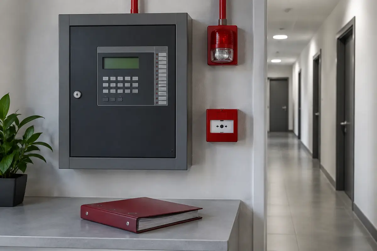 Fire alarm control panel and inspection binder in a corridor