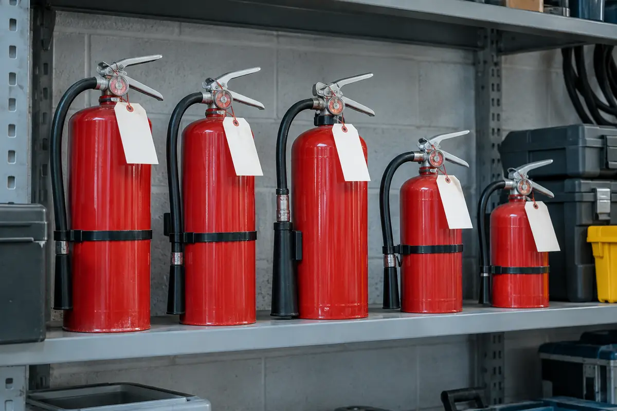Serviced fire extinguishers with inspection tags on a shelf