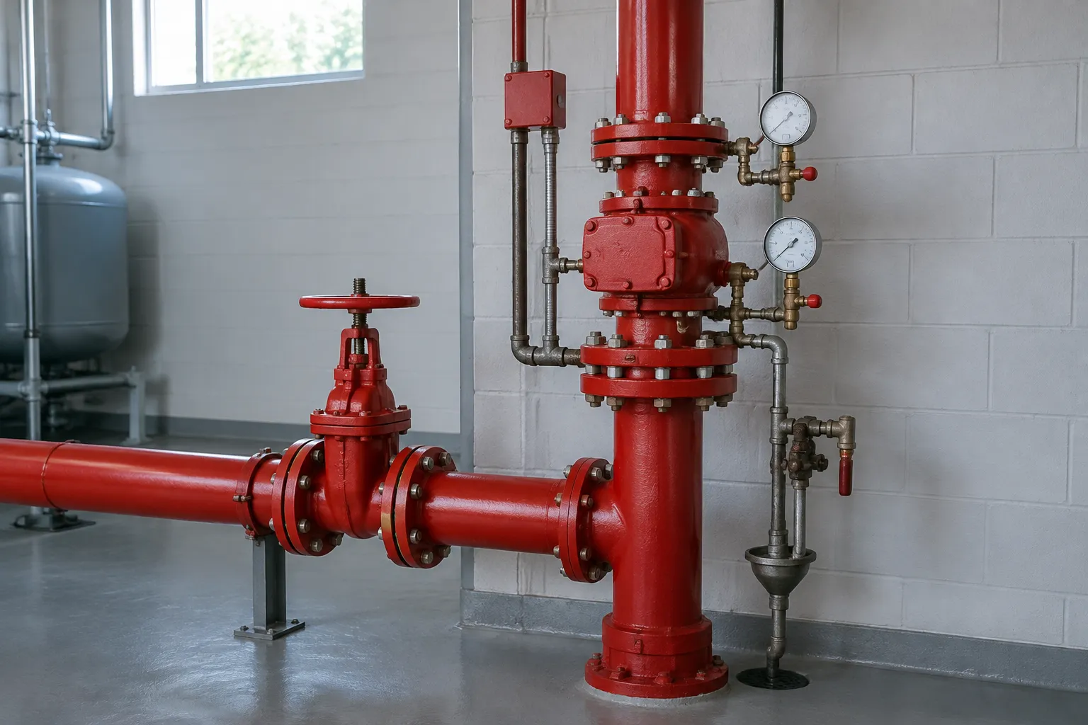 Sprinkler riser with gauges and valves in a mechanical room