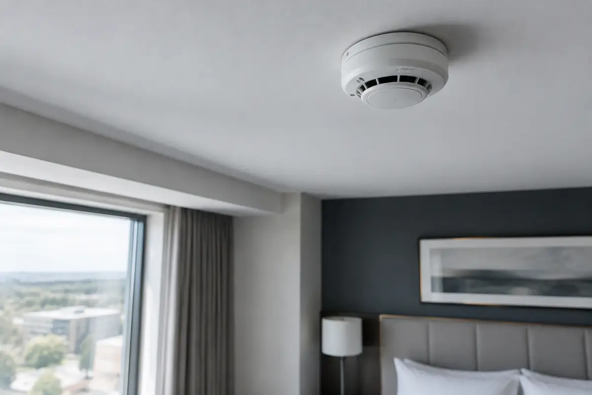 Hard-wired smoke alarm on a hotel guest room ceiling