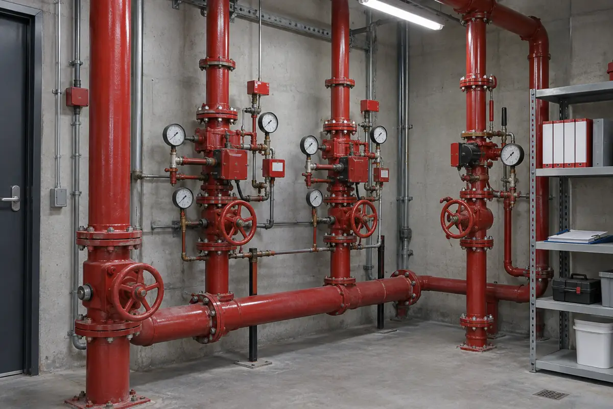 Sprinkler riser and valves in a hotel mechanical room