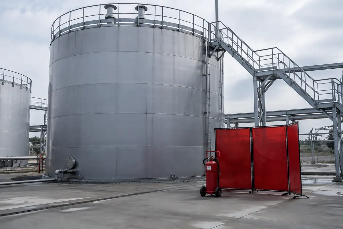 Storage tank catwalk with a fire extinguisher and welding screen staged for hot work