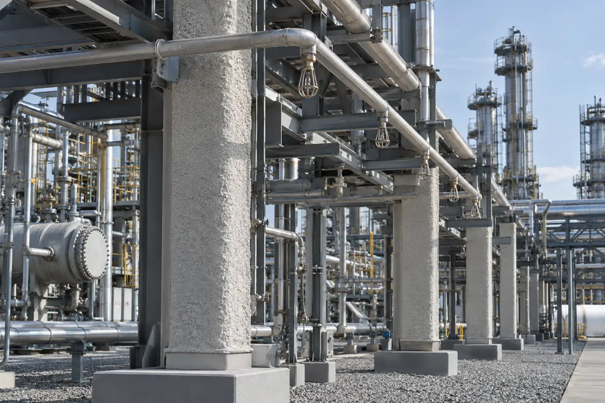 Refinery pipe rack with fireproofed columns and deluge sprinkler piping