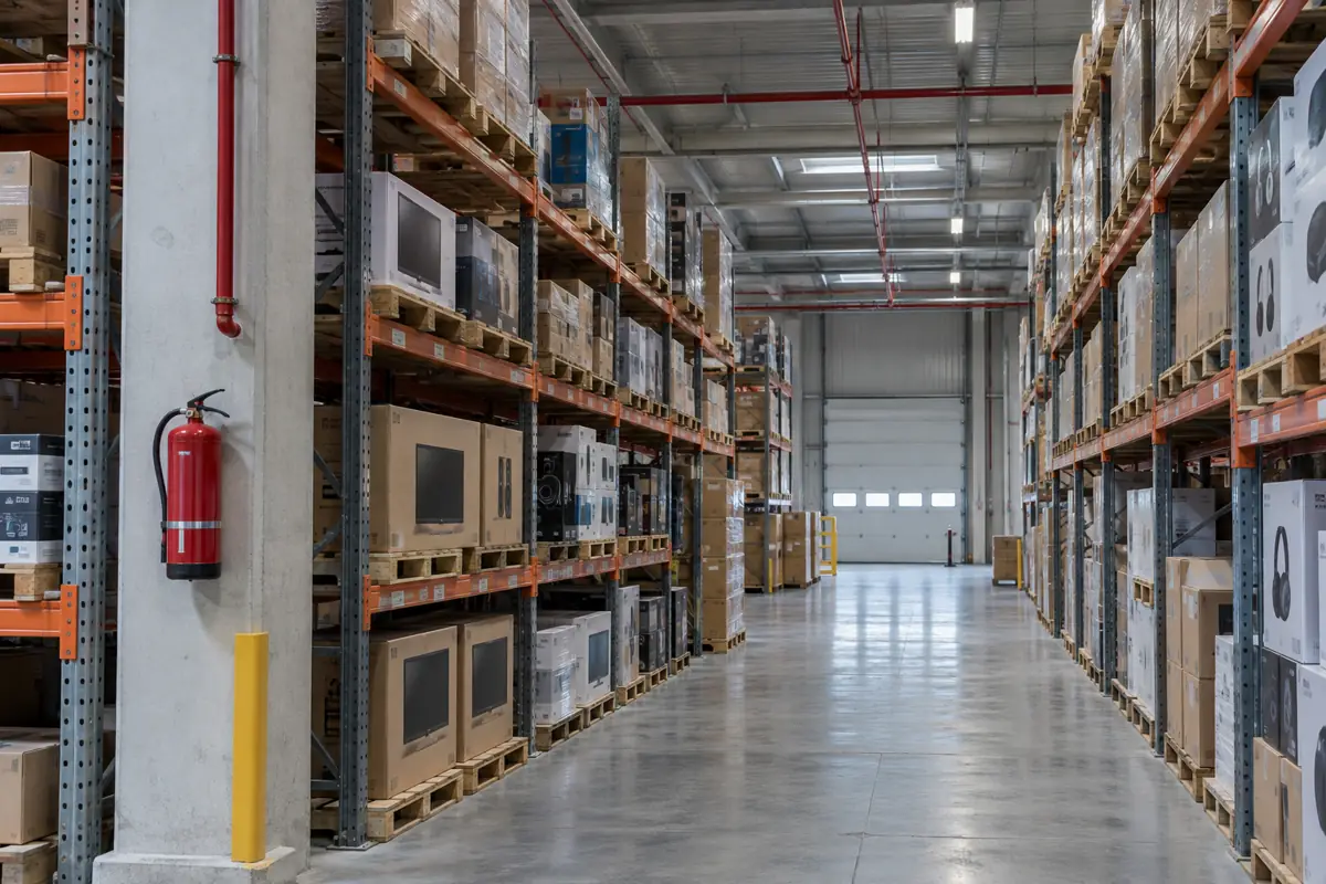 Warehouse racking with cartons of consumer electronics under overhead sprinkler pipes