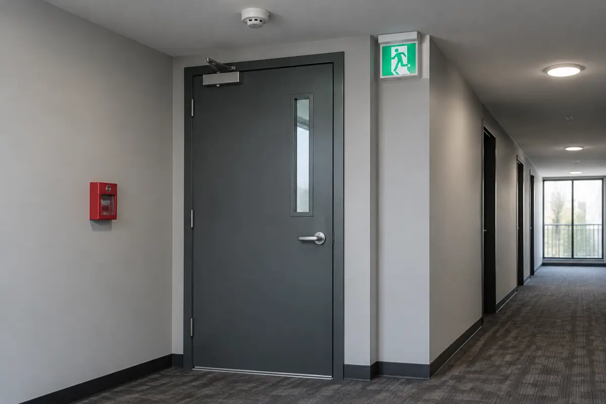 Apartment corridor with a closed fire door, pull station, exit sign and ceiling smoke detector