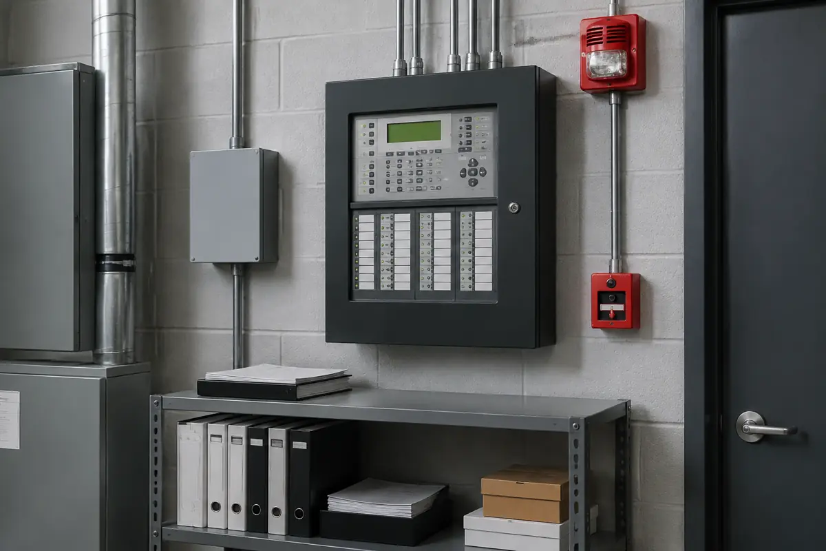 Fire alarm control panel in a building utility room
