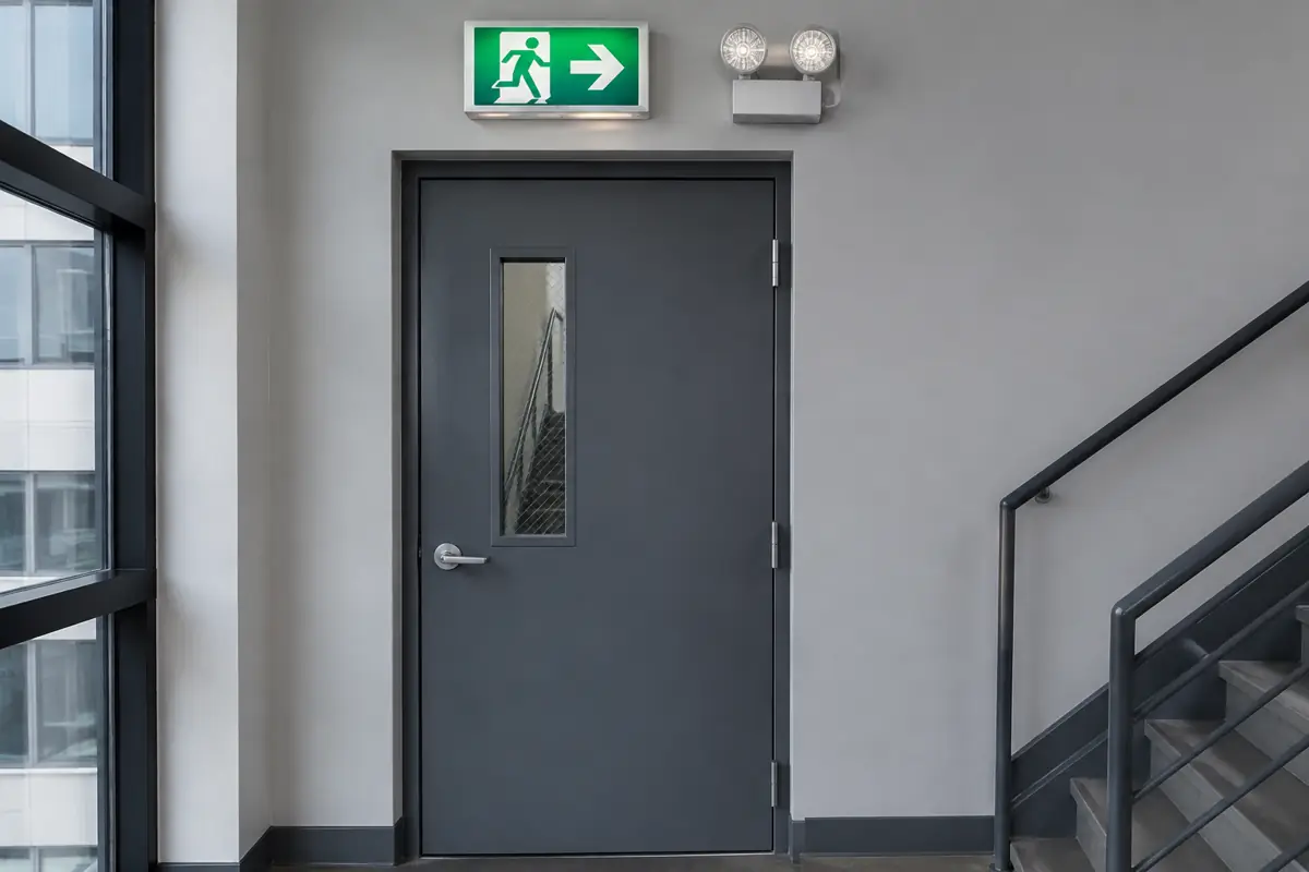 Exit sign and emergency light above a stairwell door