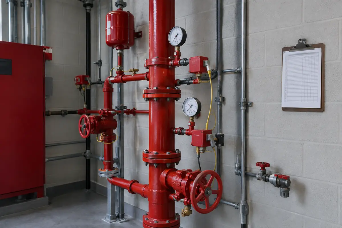 Sprinkler riser with gauges and control valves in a care facility