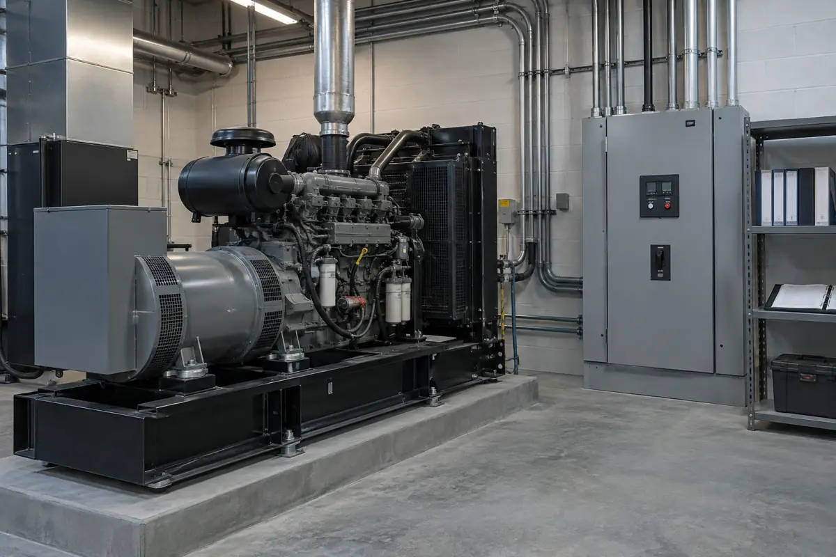 Emergency generator and transfer switch in a facility mechanical room
