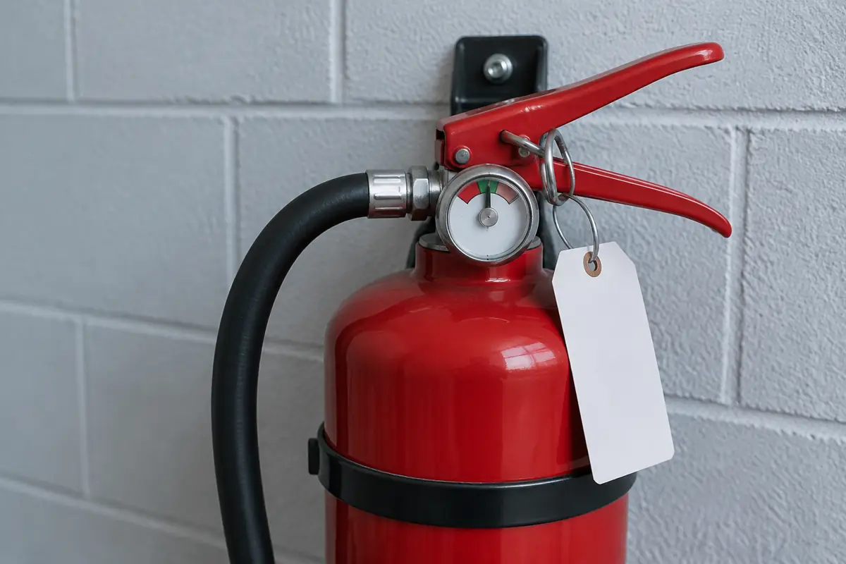 Fire extinguisher pressure gauge and blank inspection tag on a block wall