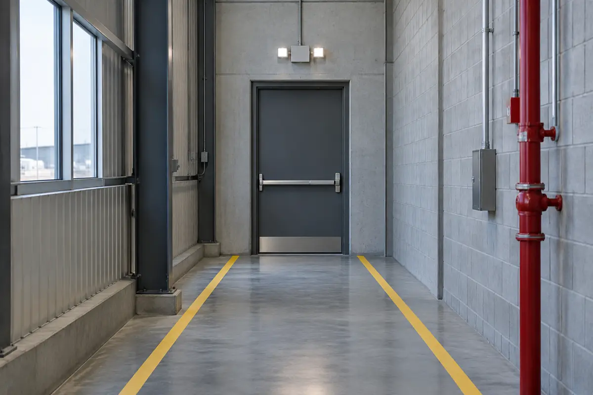 Clear industrial corridor leading to an exit door with a panic bar and emergency light