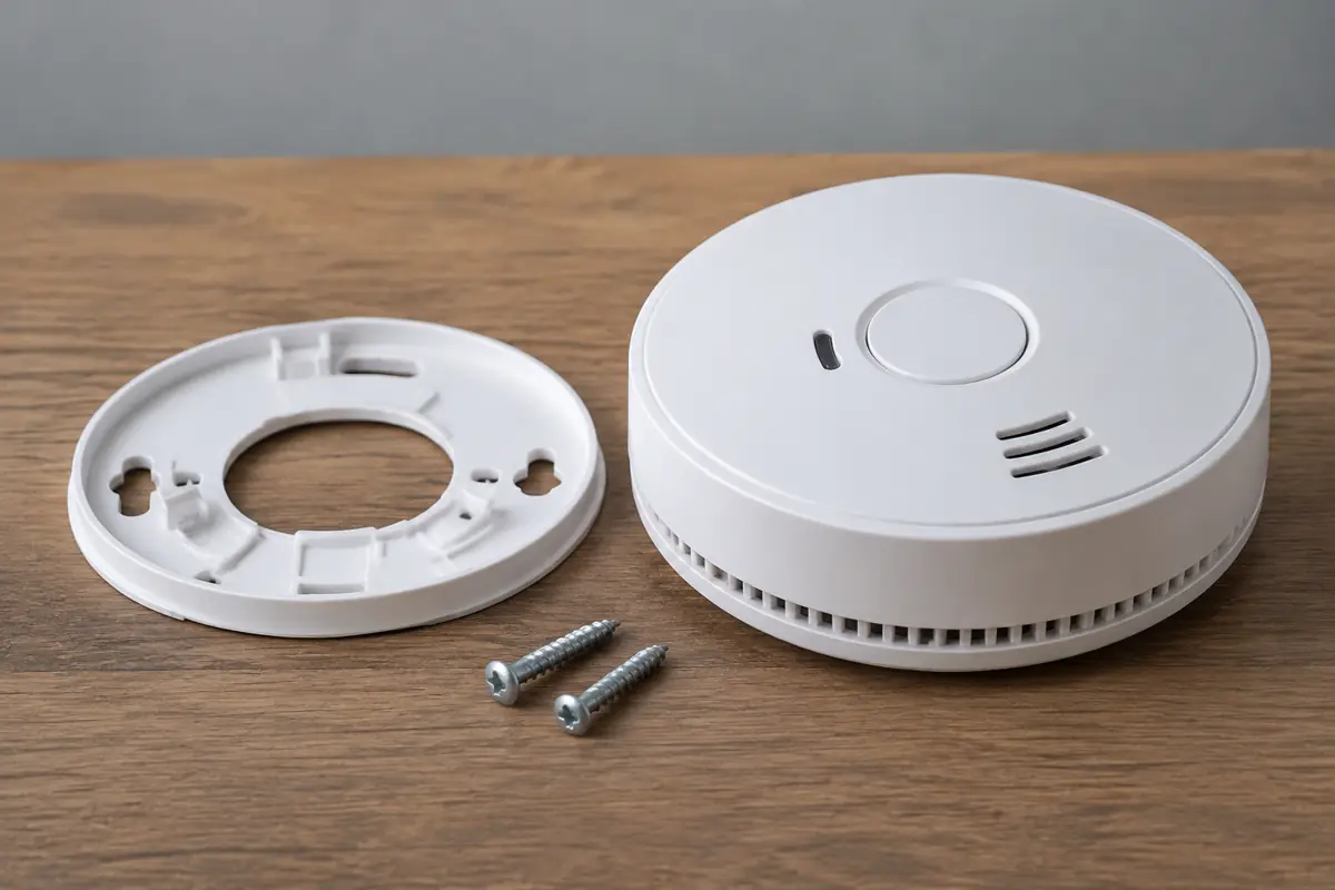 Sealed long-life smoke alarm with mounting plate on a table