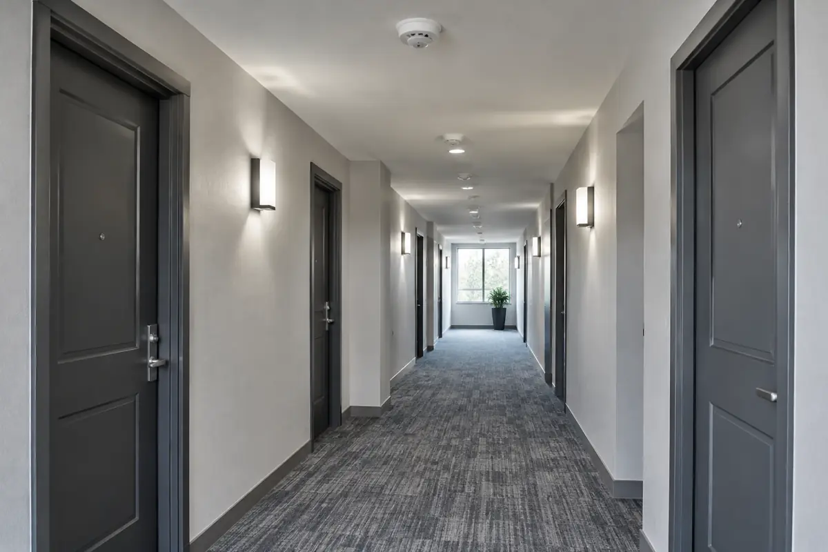 Apartment corridor with smoke detectors along the ceiling