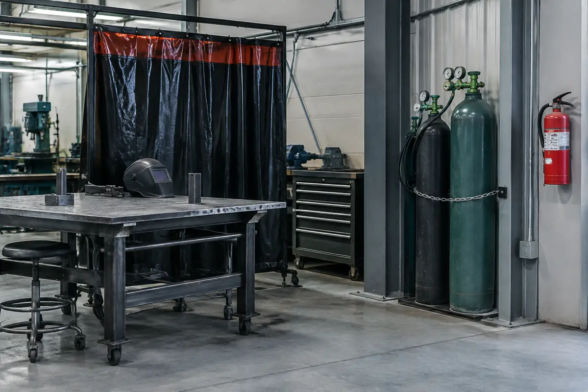 Welding bay with gas cylinders and a portable fire extinguisher