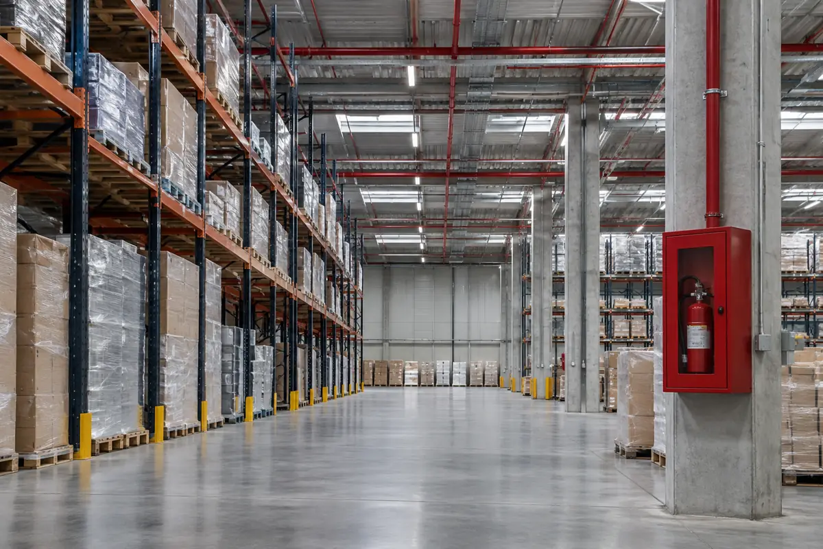 Warehouse aisle with sprinkler piping and an extinguisher cabinet